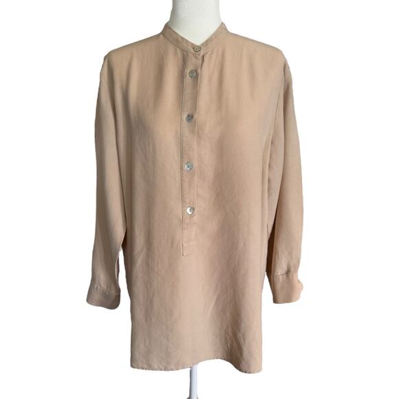 ZARA Tan Lyocell Blend Button-Up Shirt Minimalist Collarless Long Sleeve Blouse - Picture 1 of 10